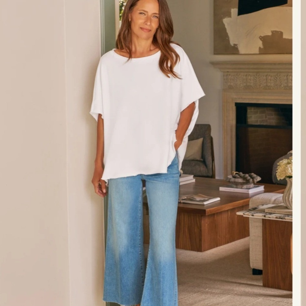 Frank & Eileen Olive Caplet Sweatshirt OS White French Terry Raw Edge Oversized